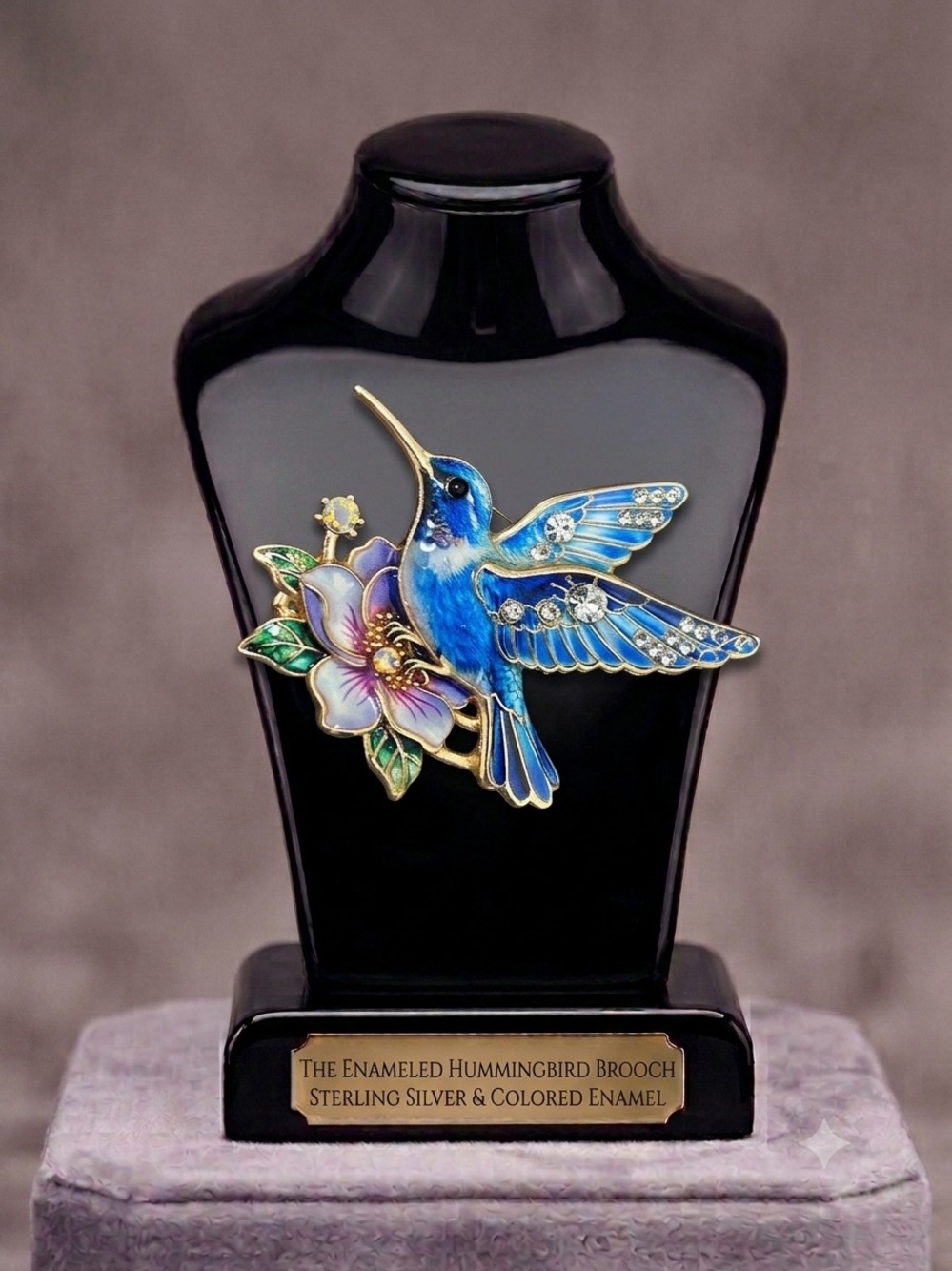 Enameled Blue Hummingbird Brooch with Flower - Sterling Silver